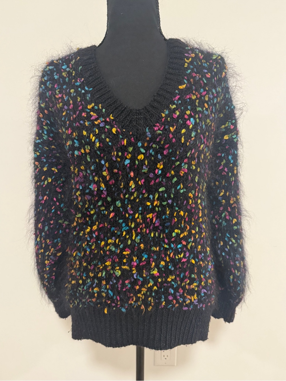 Vintage Mohair Wool Confetti Sweater Black Fuzzy V-Neck Hand Knit Style Unique